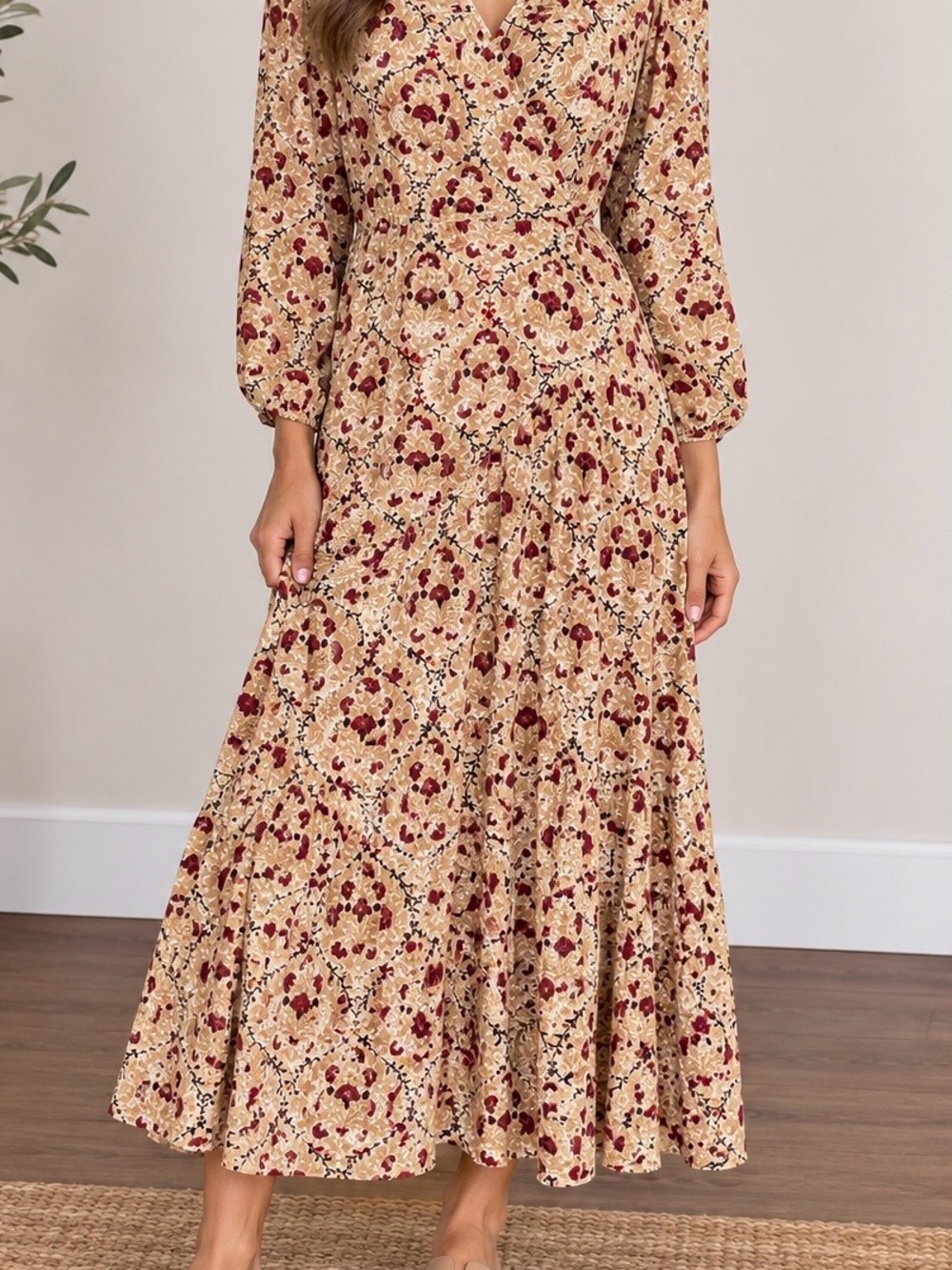 Bohemian Beige Floral Maxi Dress with Burgundy Print